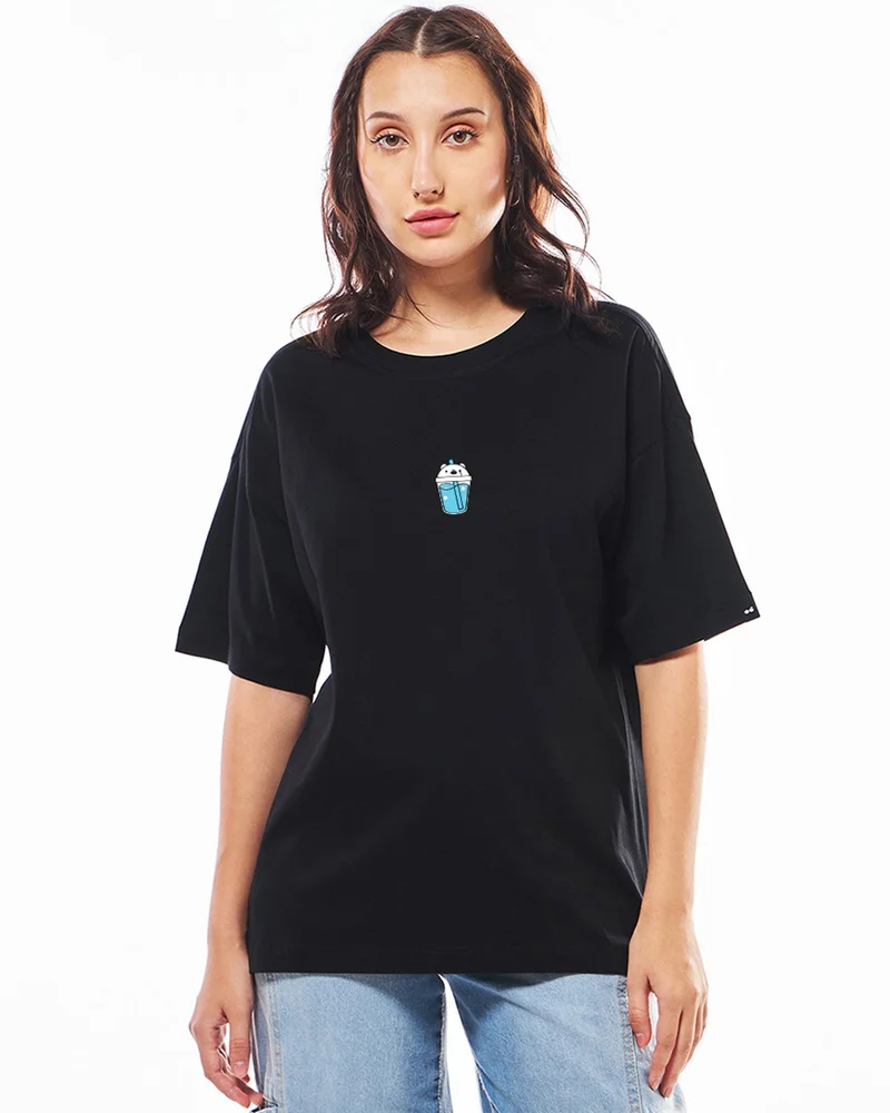 bewakoof Women's Black Stay Hydrated Back Graphic Printed Oversized T-shirt